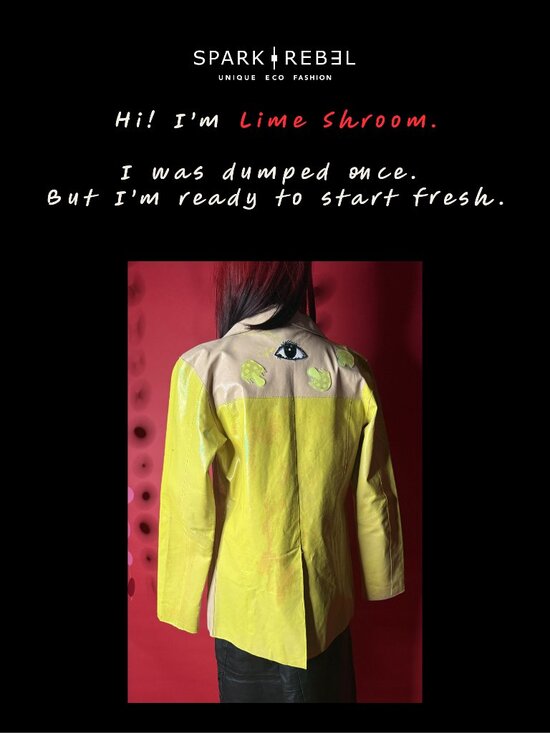 Hand-Painted Upcycled Leather Blazer | Neon Yellow + Cream | Unique Artsy Street - Picture 11 of 12